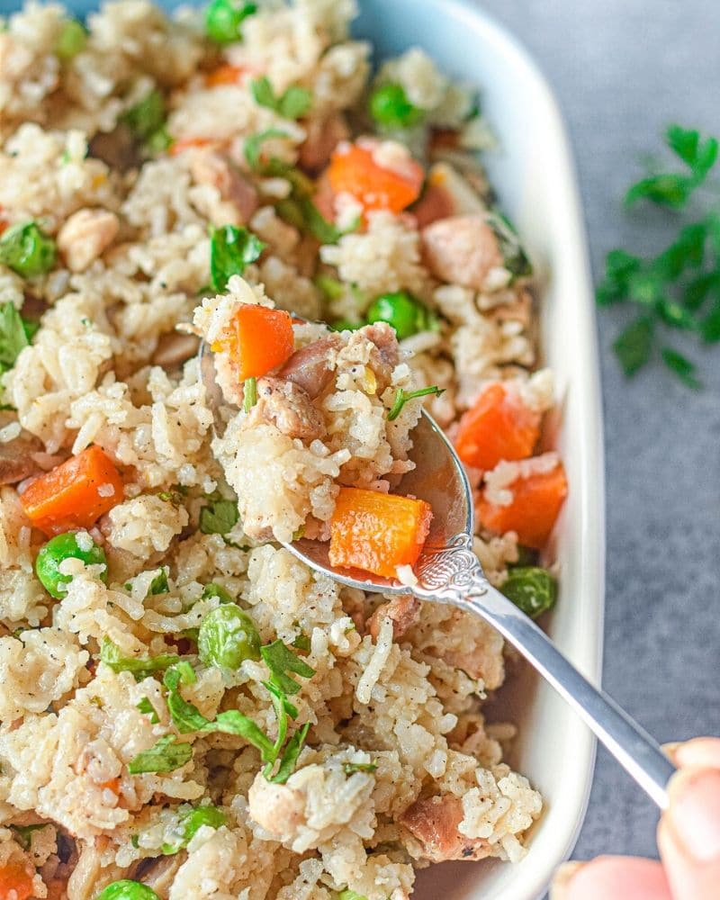 close up of chicken and rice cooked in the instant pot