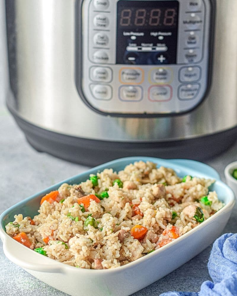 Chicken and rice recipe in front of instant pot