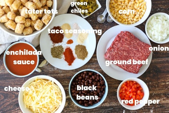 ingredients for taco tater tot casserole.