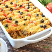 baking dish with taco tater tot bake inside