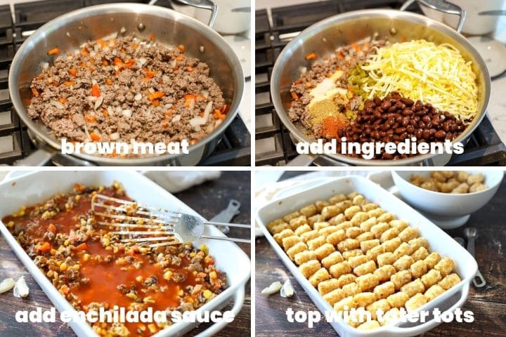 images showing how to make a Mexican tater tot casserole.