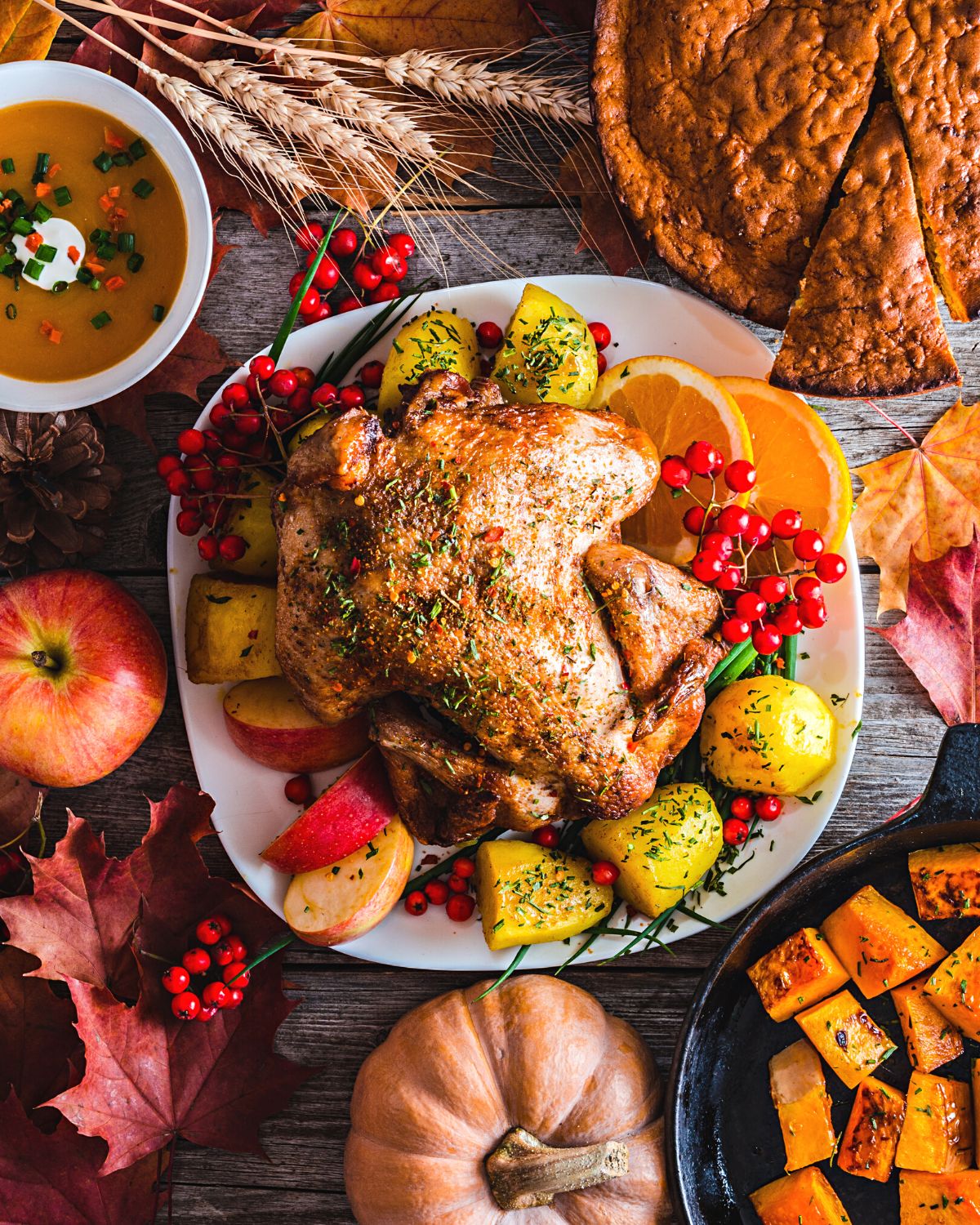 Thanksgiving Turkey on a plate with orange slices, citrus, and cranberries. Apple, gravy, and pie on the table.