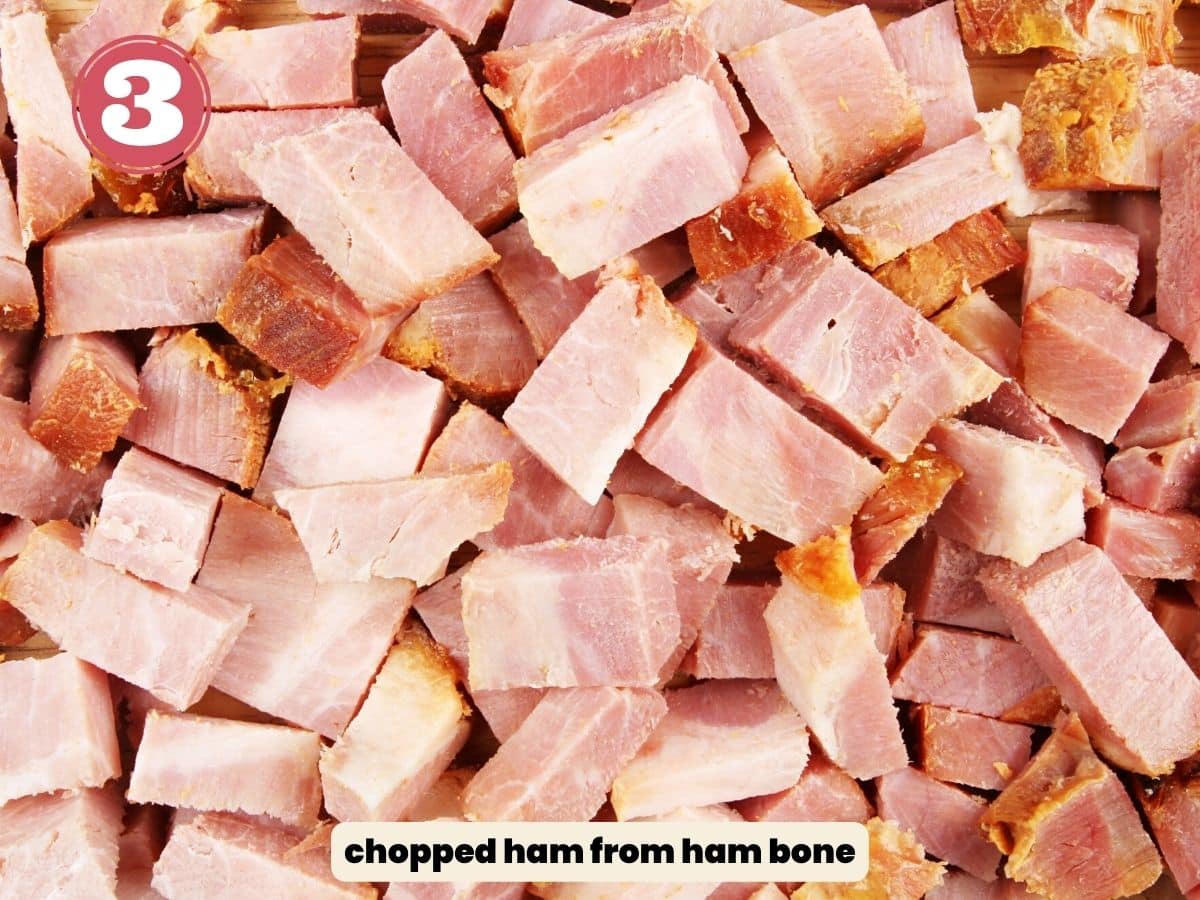 Ham chopped into cubes.