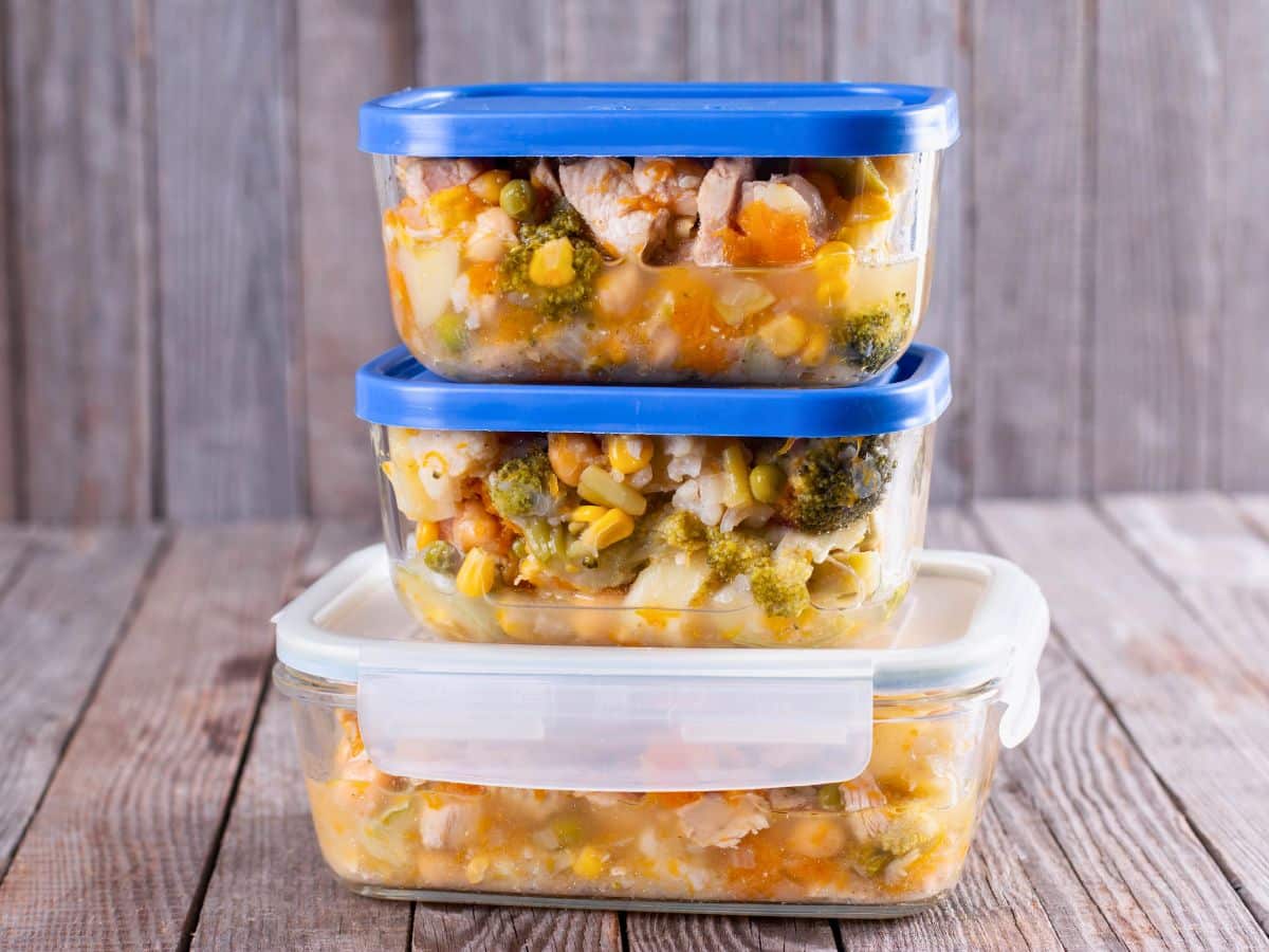 Three Freezer storage containers stacked on each other.