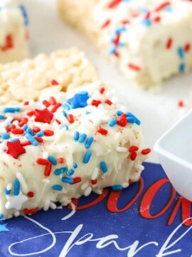 Rice Krispie treats with red, white, and blue sprinkles.