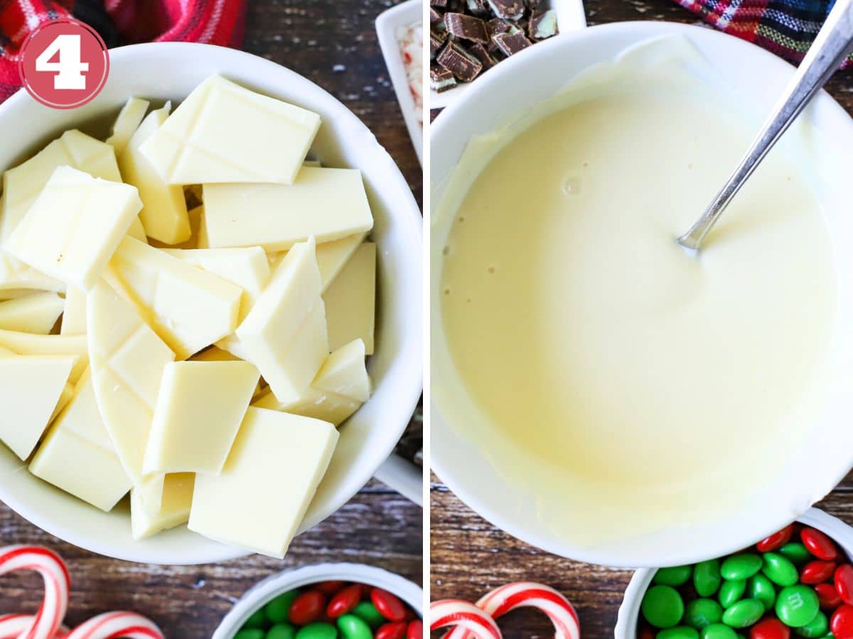 Melted white chocolate in a white bowl.