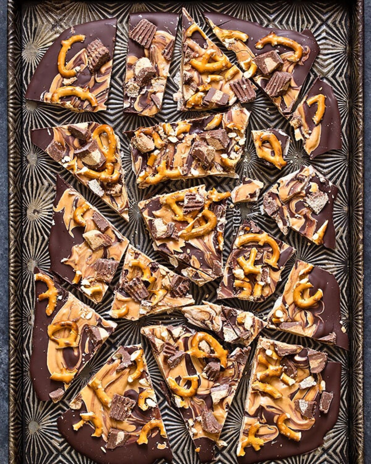 A tray of chocolate peanut butter bark.