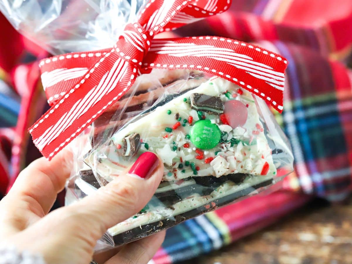 Christmas bark wrapped in a cellophane bag for gifting.
