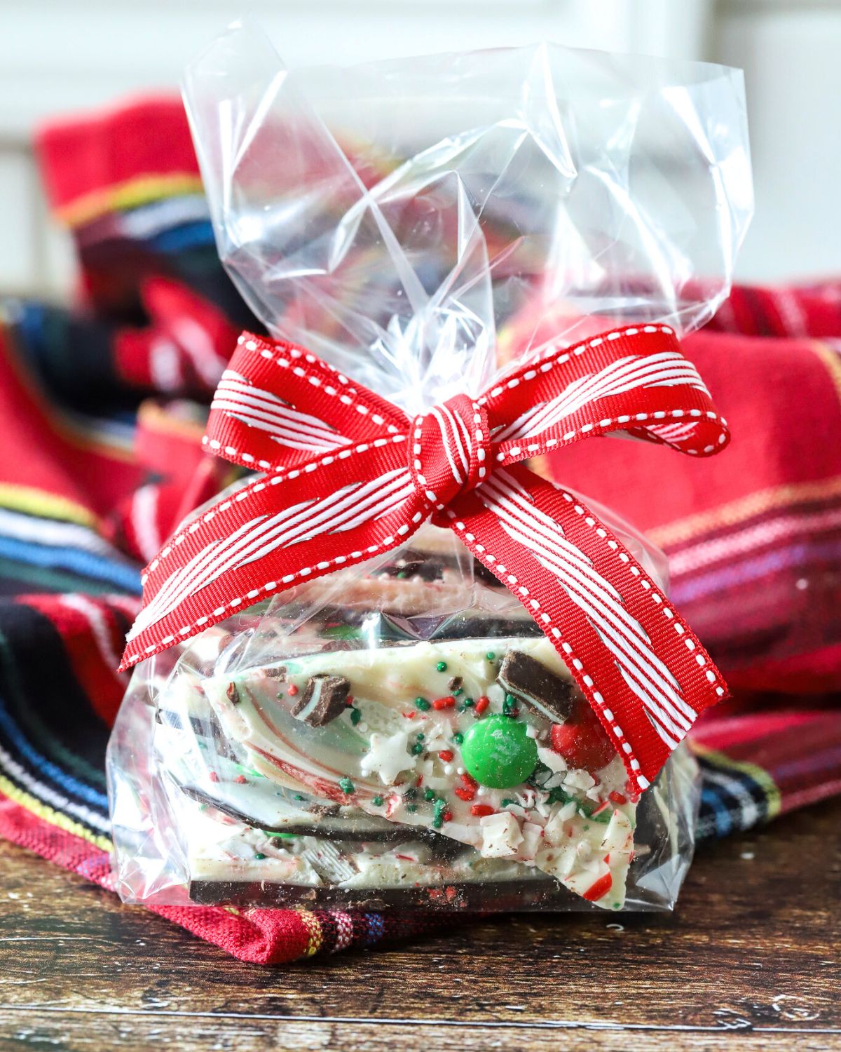 Chocolate bark wrapped for gifting.