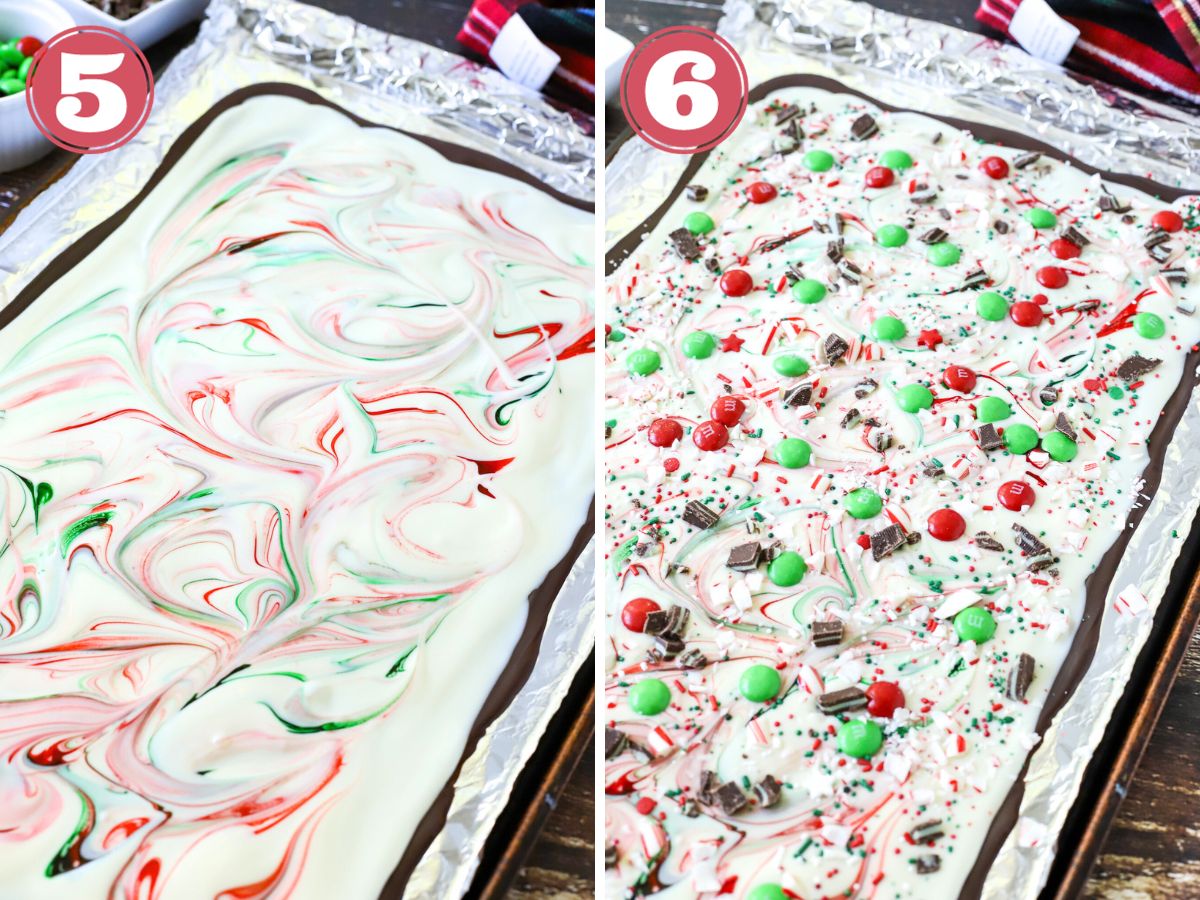 Chocolate bark in a baking pan.