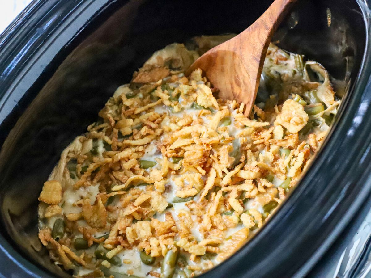 Healthy Crockpot Green Bean Casserole - Fit Slow Cooker Queen