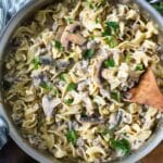 Pot filled with ground beef stroganoff.