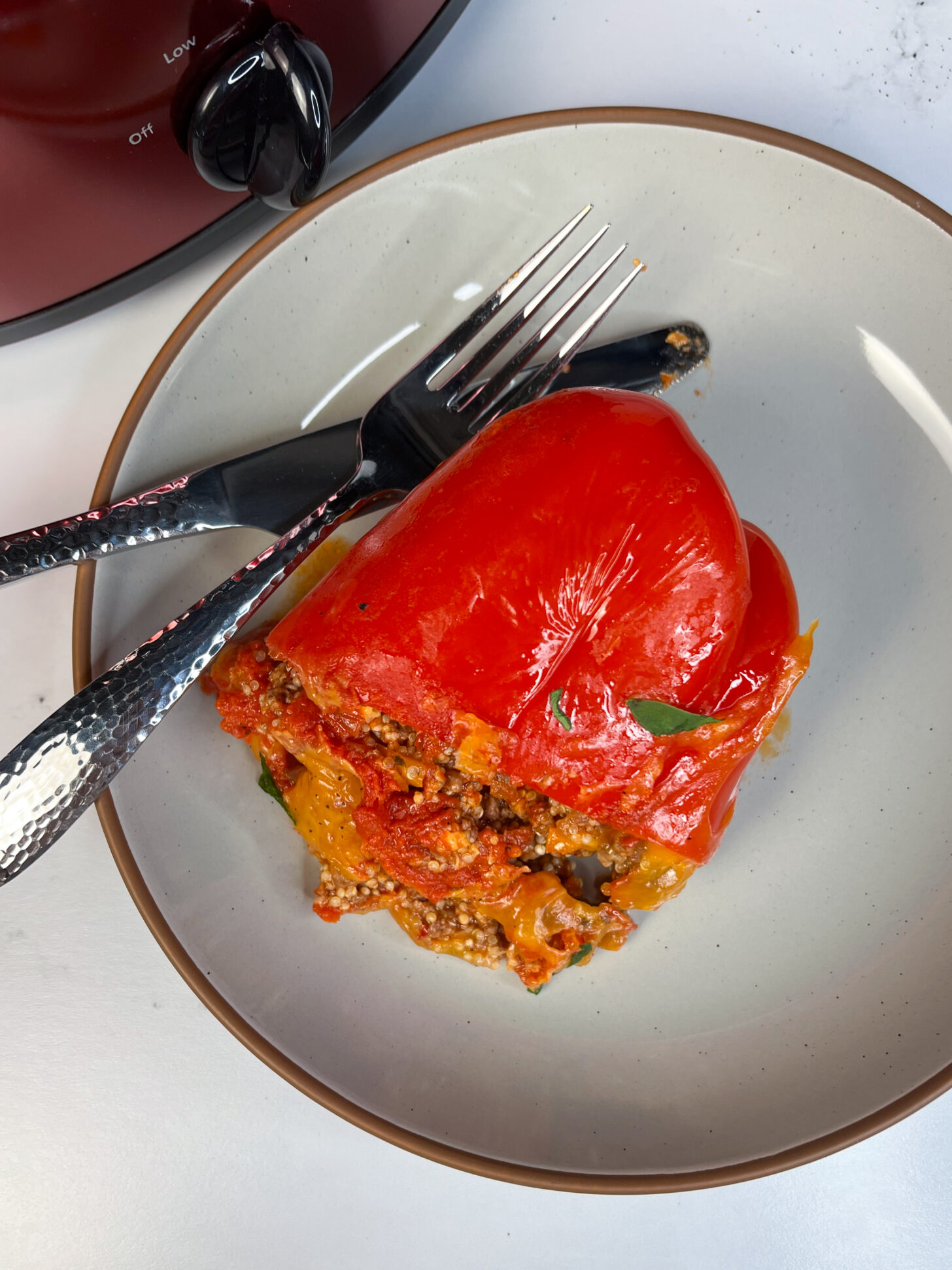 Crock pot stuffed pepper on its side