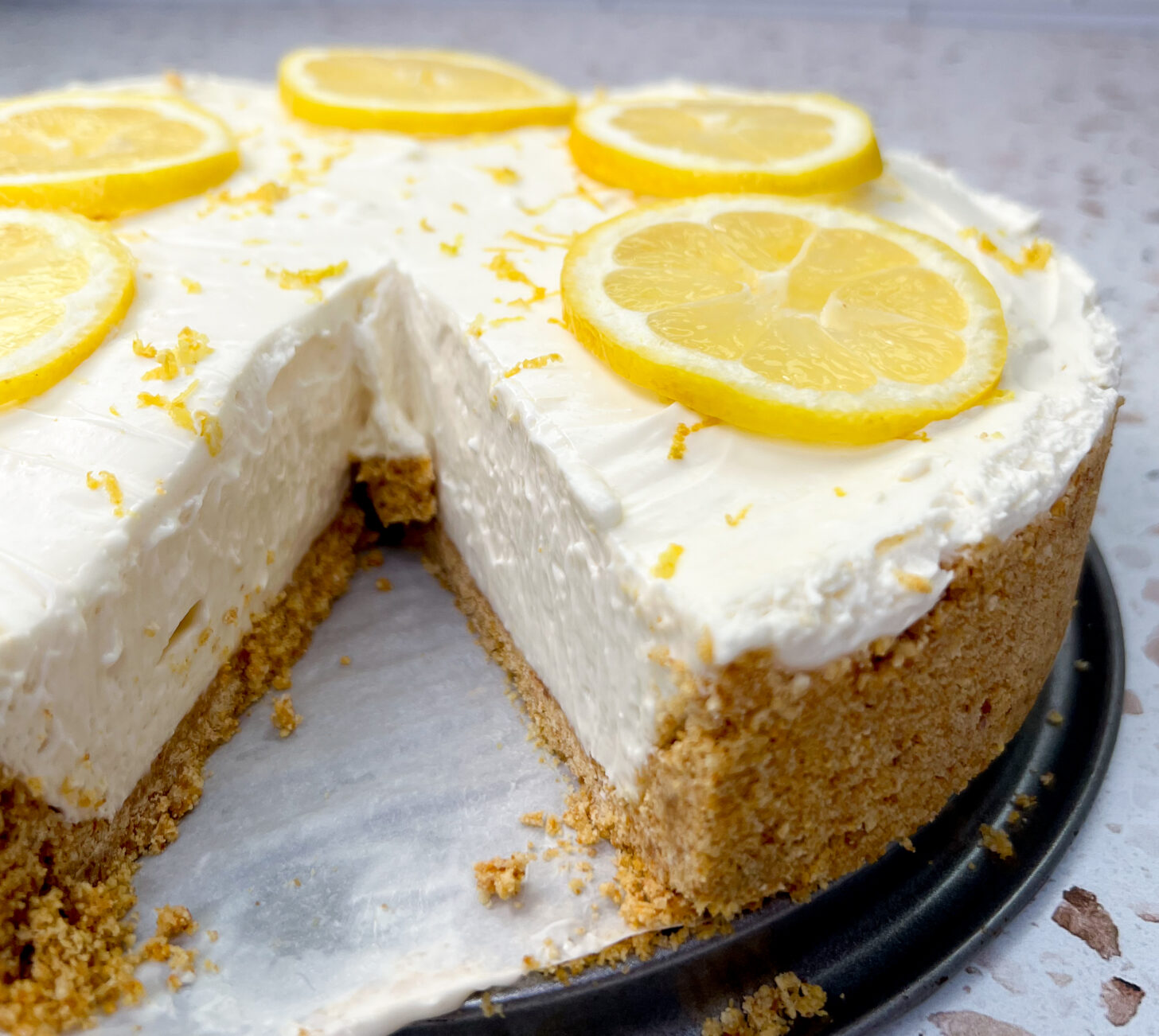 Close up of no bake lemon cheesecake