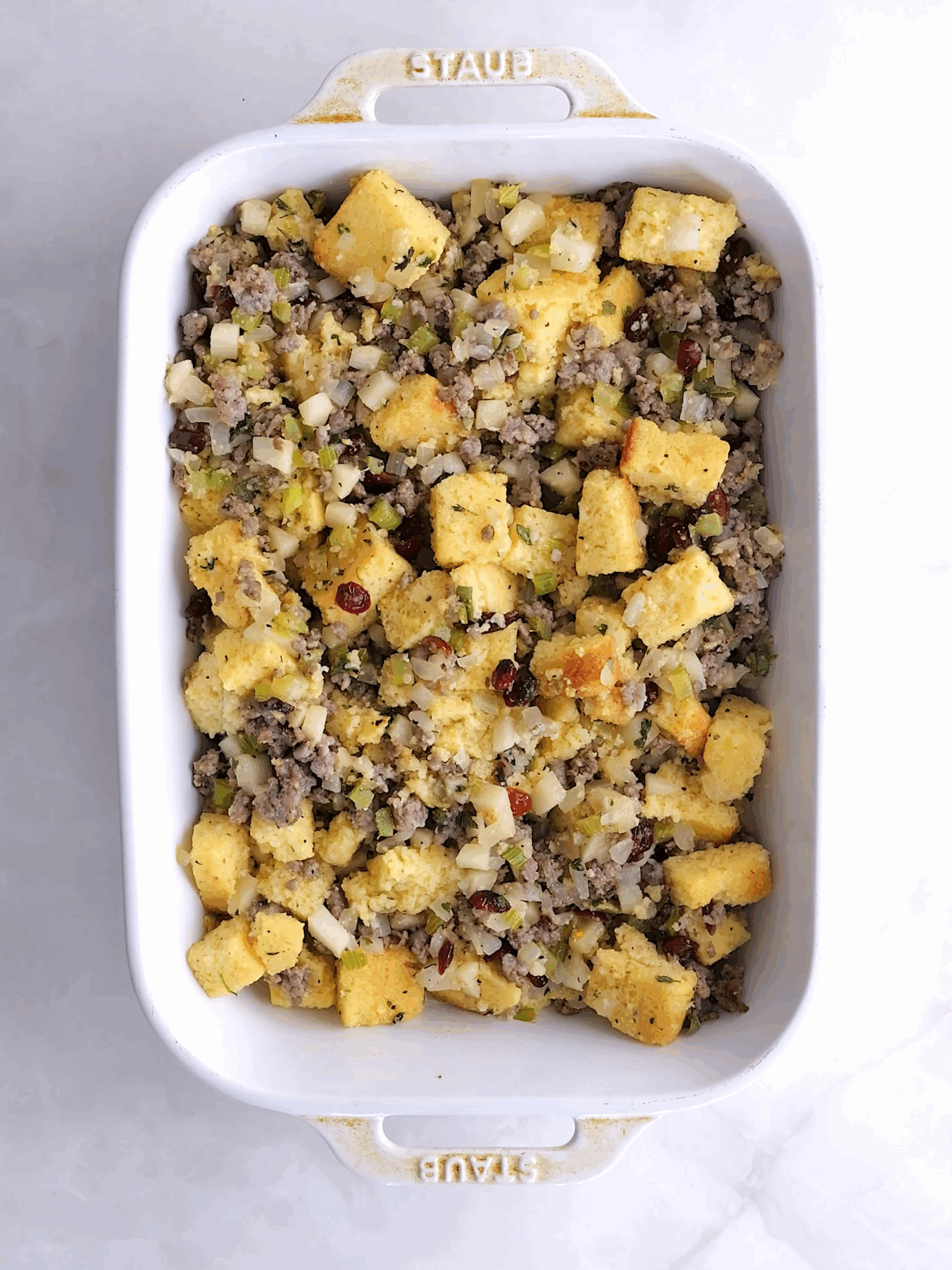 cornbread dressing in a baking dish