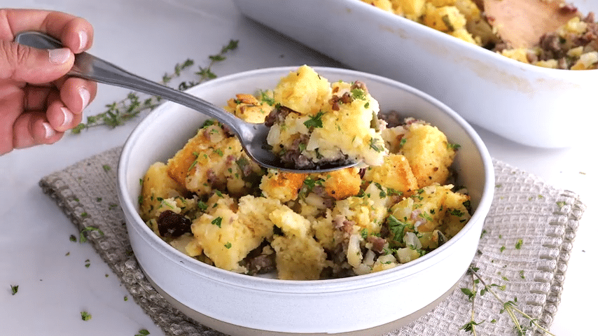 cornbread dressing in a bowl