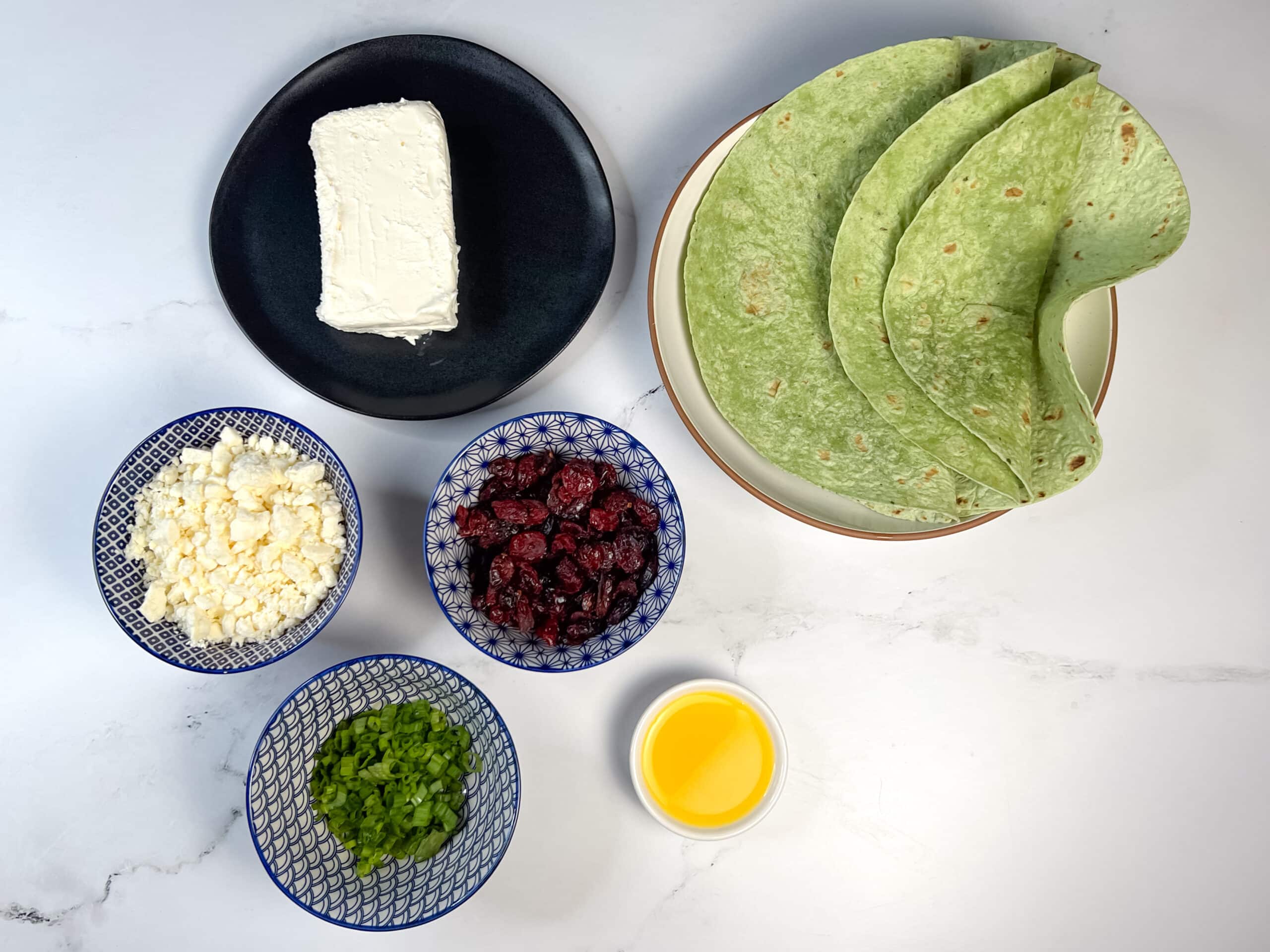 Ingredients for Cranberry, Feta, and Cream Cheese Pinwheels