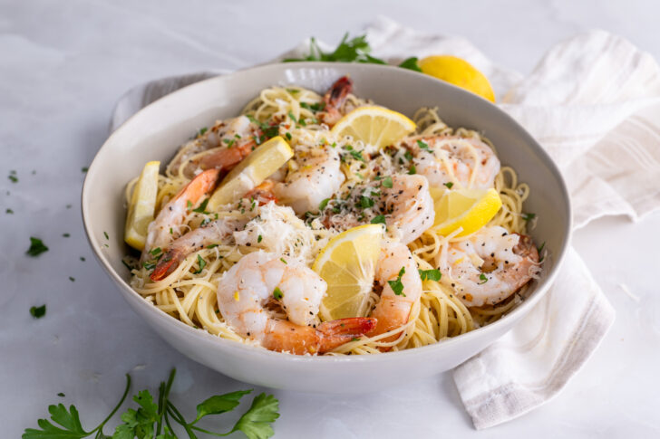 Bowl of shrimp scampi pasta, ready to serve