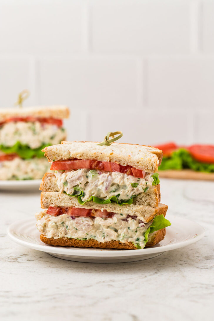 chicken salad sandwich, cut in half