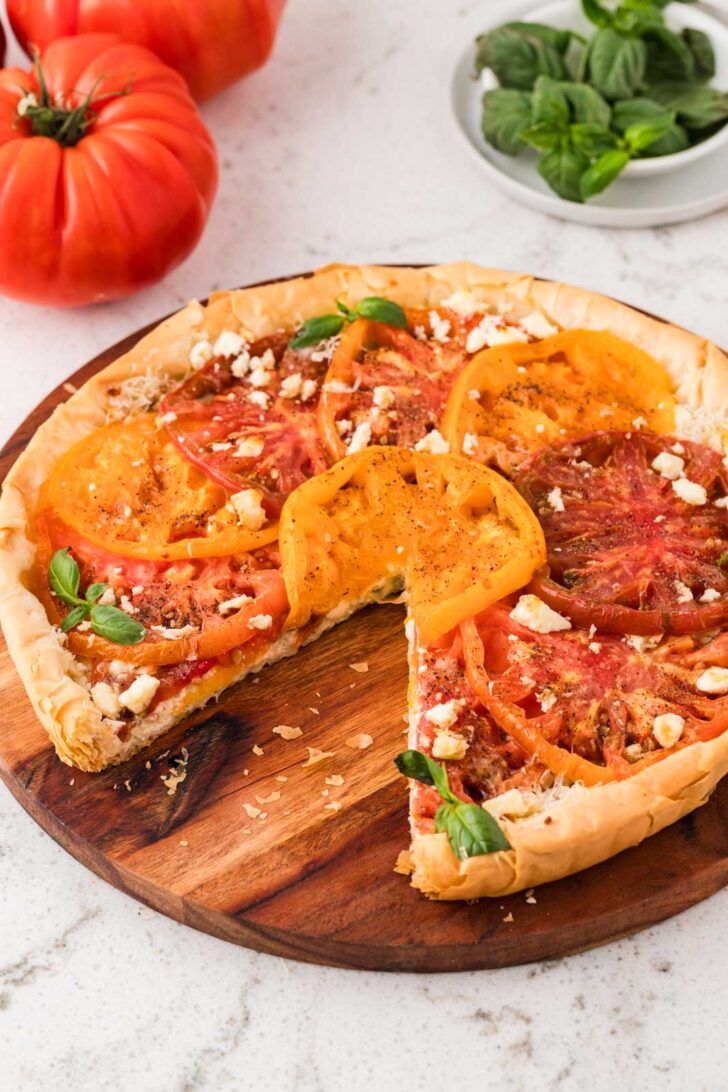 closeup of heirloom tomato pie