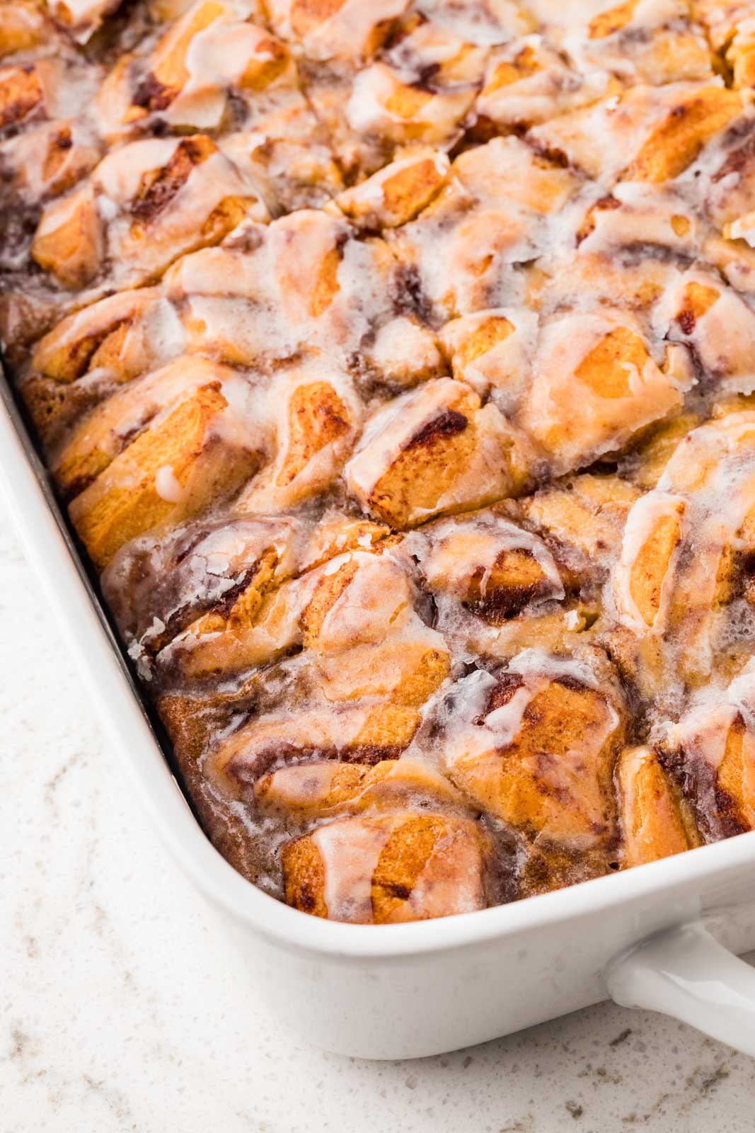 Closeup of cinnamon roll casserole