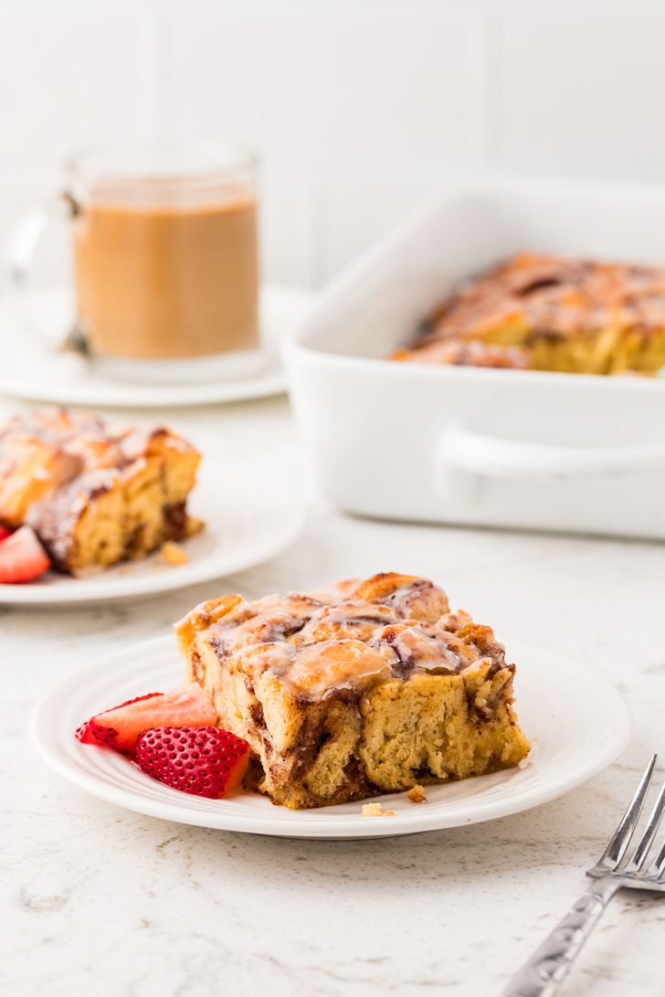 slice of cinnamon roll casserole