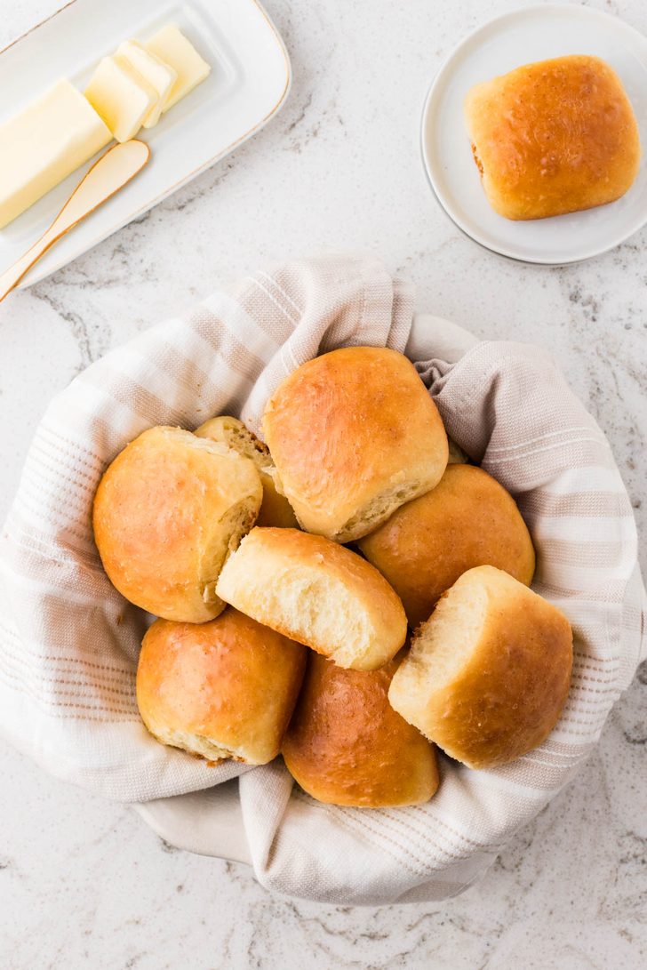 Easy yeast rolls in a linen lines basket